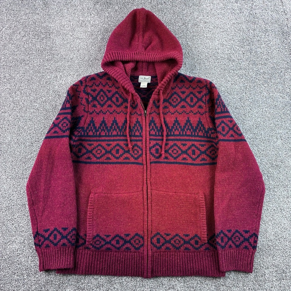 LL Bean Hooded Sweater Mens Large Red Lambs Wool Fair Isle Knit Zip 508101